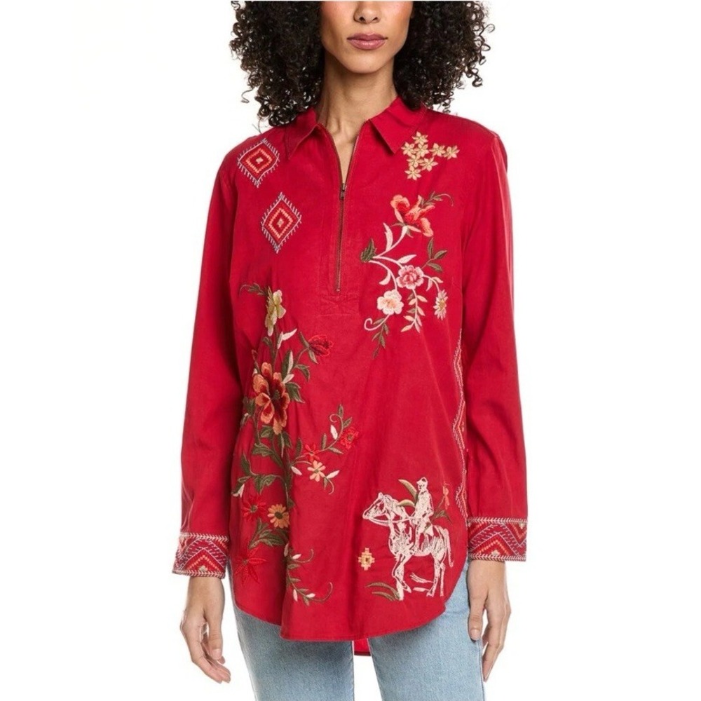 Johnny Was Size‎ Small Helena Zip Shirt Tunic Savvy Red Floral Horse Embroidered